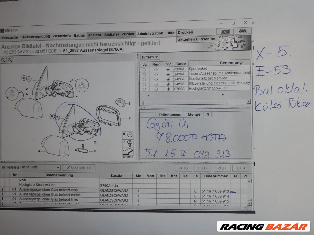 [GYÁRI ÚJ] BMW Bal oldali visszapillantó | X5 - E53 6. kép